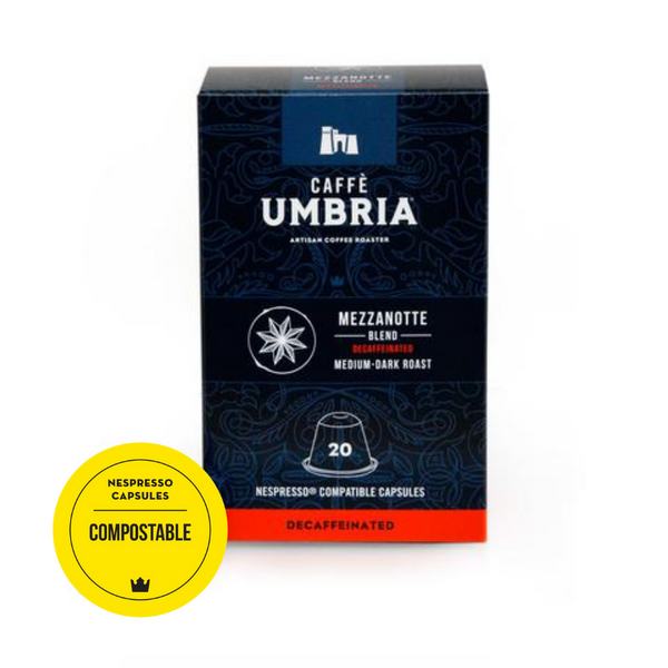Compostable Mezzanotte Decaf Blend Nespresso Compatible Capsules Caffe Umbria Canada